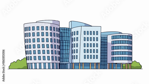 A row of modern, multi-story buildings with rounded and angular designs