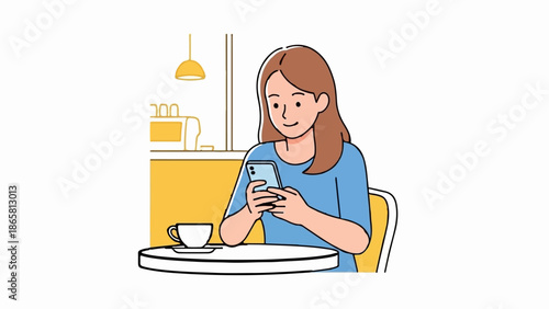 Woman in blue top smiling while using phone at cafe table with coffee