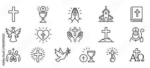 Set of Christian religion line icons featuring a cross, bible, church, angel, praying hands, dove, and other spiritual symbols for faith and worship in a minimalist outline style