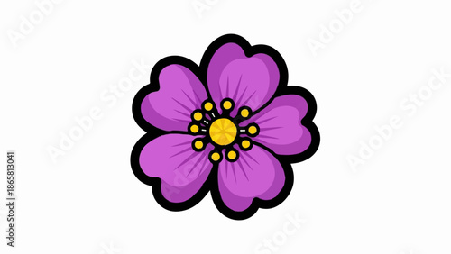 A vibrant cartoon flower with purple petals and a yellow center on a white background