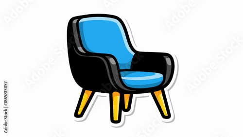 A stylized armchair with a black frame and bright blue cushioning, supported by four tapered yellow legs