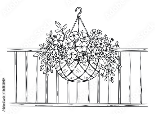 A charming hanging flower basket brimming with blooming blossoms and lush foliage suspended on a balcony railing, ideal for naturethemed printables, coloring pages, or decorative crafts.
