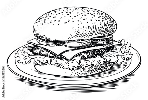 A delicious hand drawn classic hamburger with cheese, lettuce, and onions on a plate, ideal for food service menus, fast food promotions, or appetizing culinary projects.