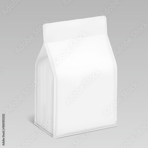 Vertical flat bottom gusset bag mockup for food, sport nutrition. Half side view. Vector illustration isolated on grey background. Can be use for template your design. EPS10.