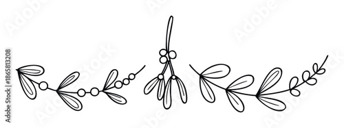 Simple black line drawing of winter plant branches featuring mistletoe and various berries arranged as a decorative holiday garland for festive season graphic projects