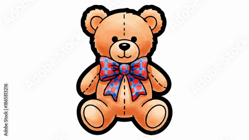 A cartoon teddy bear with a plaid bow sits on a white background