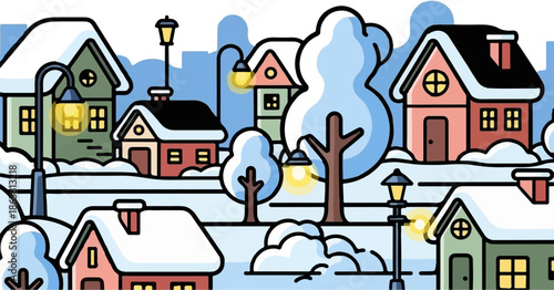 A cozy, cartoonish winter village scene with snow-covered houses and glowing streetlights