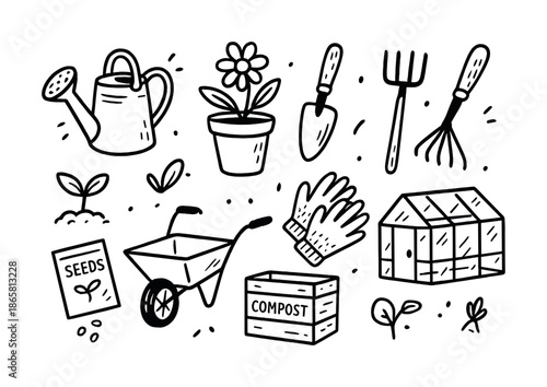 Hand-drawn gardening tools and supplies illustration with watering can, plant, seeds, and greenhouse