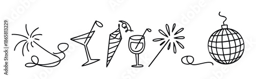 Hand drawn doodle line icons depicting celebratory items like sparklers, cocktail drinks, party popper, and disco ball, perfect for festive event marketing materials and cheerful promotions.