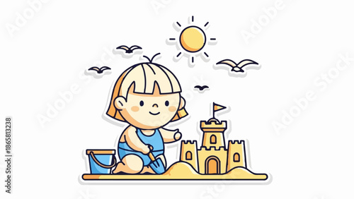 Cute child building a sandcastle at the beach with a bucket and spade under a sunny sky