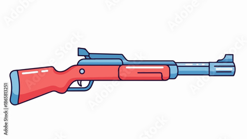A stylized, flat illustration of a rifle with a red stock and blue barrel