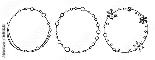 Decorative handdrawn circular frames composed of connected bubbles and snowflakes ideal for festive holiday invitations, seasonal greetings, or social media posts