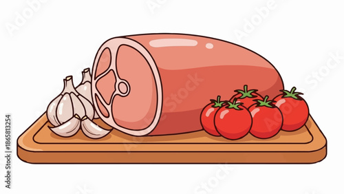 A raw cut of meat with garlic and tomatoes on a wooden cutting board
