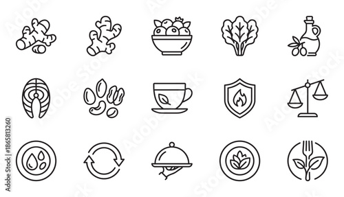Collection of black line art icons for nutrition and wellness, featuring superfoods such as ginger, fish, nuts, and greens for a healthy anti-inflammatory diet