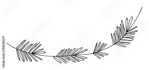 A delicate handdrawn botanical branch with minimalist leaves creates an elegant decorative graphic element perfect for wedding invitations, greeting cards, or subtle logo design.