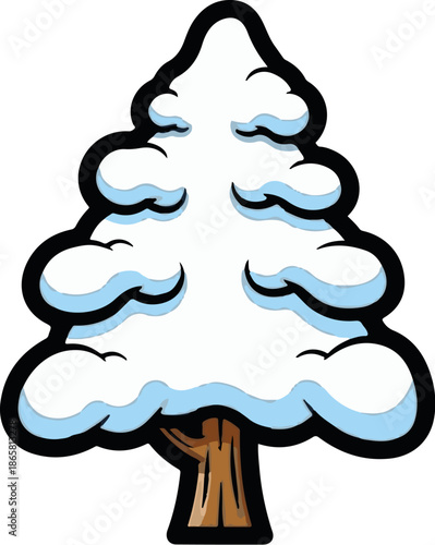 A cartoon fir tree covered in thick snow, with a visible brown trunk