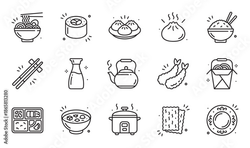 Set of fifteen black line art icons representing traditional Asian cuisine including noodles, rice, sushi, tempura, and dumplings in a simple, clean vector illustration style