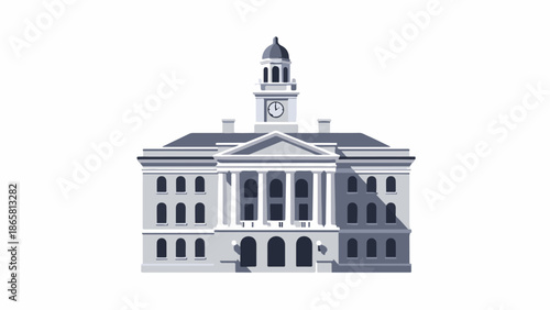 A gray, flat illustration of a historic building with a clock tower and columns