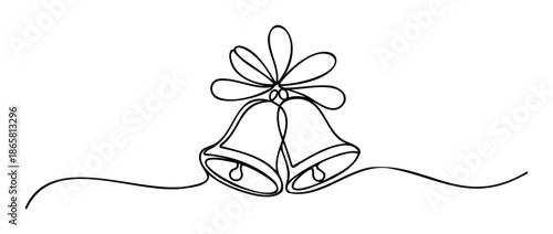 Minimalist continuous line drawing depicting a pair of festive bells tied with a graceful bow, ideal for holiday announcements, wedding stationery, or joyous event decorations.