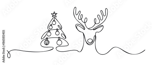 Minimalist one line drawing of a Christmas tree with star and ornaments next to a reindeer head with antlers, perfect for holiday greeting cards and winter season celebration