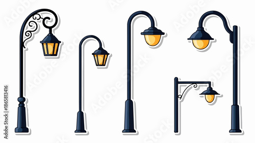 Collection of various styles of antique street lamps with glowing yellow lights