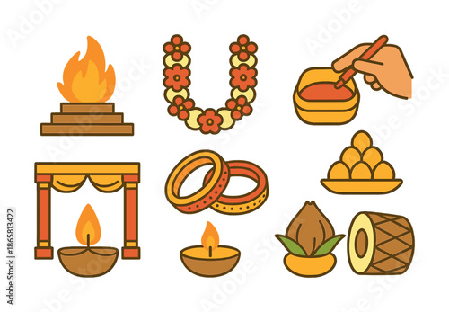 Colorful hindu wedding icons - fire, garland, rings, ceremony elements