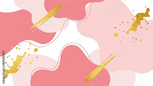 Abstract pastel pink and white fluid shapes with scattered golden splatters and brushstrokes