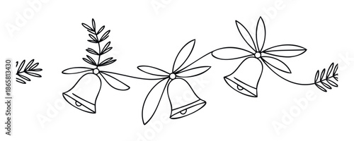 Holiday line drawing featuring decorative Christmas bells intertwined with evergreen branches, perfect for festive seasonal greeting cards, party invitations, or winter event decorations.