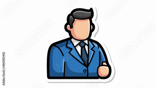 A simple icon of a businessman in a blue suit and tie, with a blank face and a thumbs-up gesture