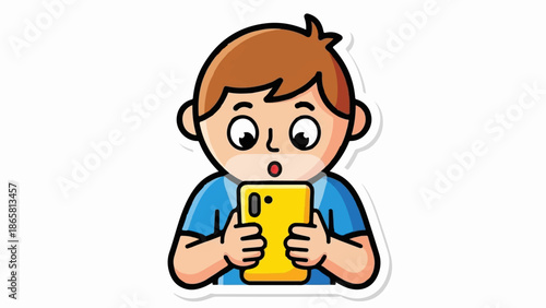 A surprised child looks at a bright yellow phone with wide eyes and an open mouth