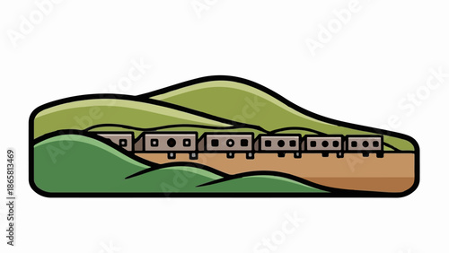 A stylized, cartoon-like train travels through rolling green hills and along a brown track