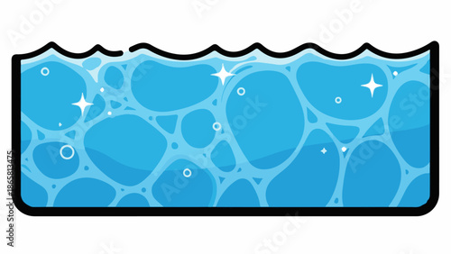 A vibrant blue liquid surface with white bubbly patterns and sparkling light reflections