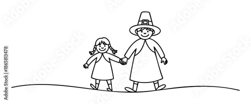 A heartwarming black line drawing depicting a smiling pilgrim person and a joyful child walking hand in hand, symbolizing historical themes and family bonds for seasonal holidays and