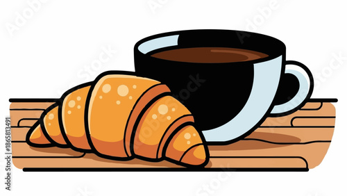 A warm, flaky croissant rests beside a steaming cup of dark coffee on a wooden surface