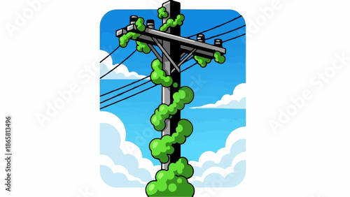 Pixelated telephone pole entwined with lush green vines against a blue sky with clouds