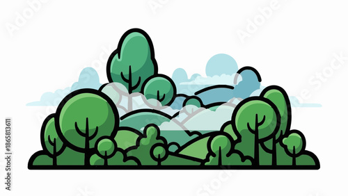 Whimsical green trees and rolling hills under a cloudy blue sky