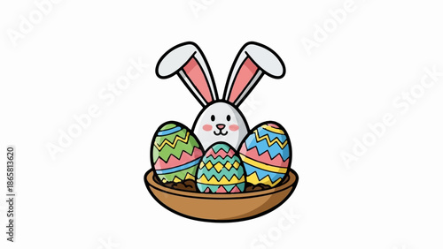 A cartoon bunny peeks out from behind colorful, patterned Easter eggs in a brown dish