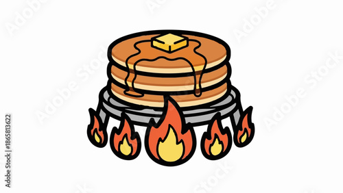 Stack of hot pancakes with melting butter and syrup on a grill with flames