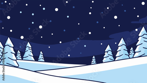 Stylized winter night scene with falling snow and snow-covered pine trees on rolling hills