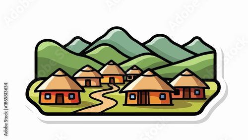 Idyllic village with thatched huts nestled in rolling green hills