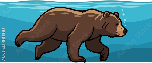 Brown bear swims in blue water with bubbles