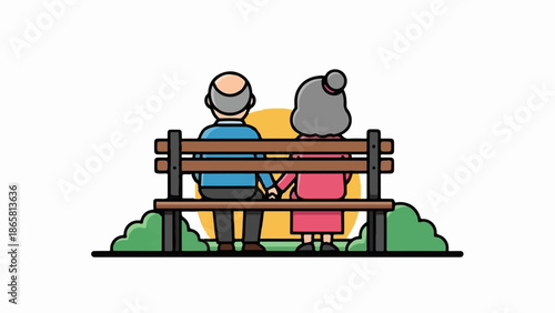 Elderly couple holding hands on a park bench at sunset