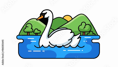Graceful swan glides on blue water with rolling green hills and sun behind