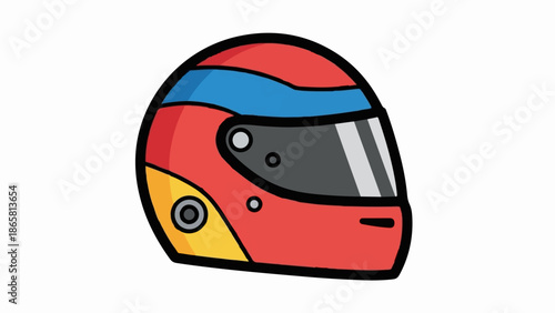 Red racing helmet with blue and yellow accents, a dark visor