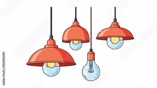 A collection of four hanging pendant lamps with orange shades and clear glass bulbs