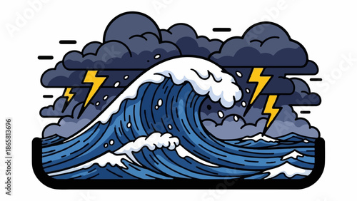 Illustration of a stormy sea with crashing waves and lightning