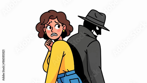 A woman recoils in fear from a shadowy, menacing figure in a fedora