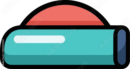 A simple illustration of a teal-colored container with a red rounded lid and a white stripe