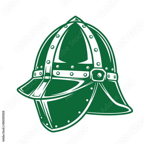 Green medieval armor helmet with metal strips and rivets for historical costume or fantasy design isolated on white background