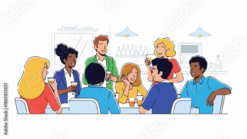 Diverse group enjoys drinks and conversation at a casual gathering spot
